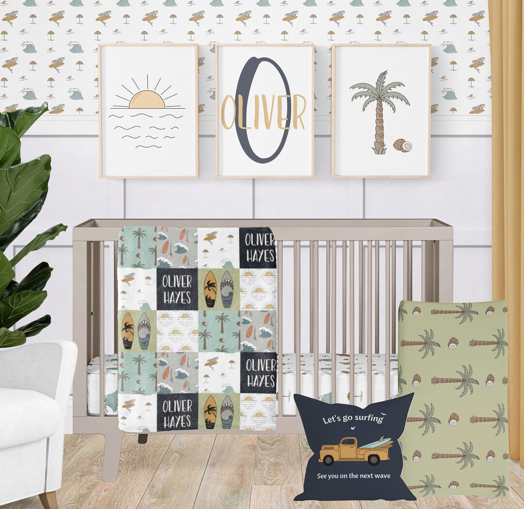 Beach Crib Bedding Set, Surfing Nursery Baby Bedding, Personalized Baby Gift, Tropical Palm