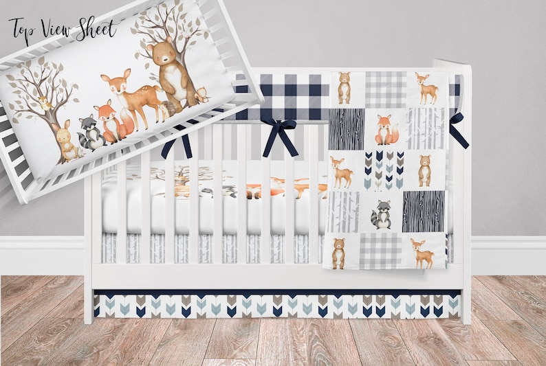 Woodland Boy Crib Bedding Nursery Set Navy Blue Plaid Bear Etsy