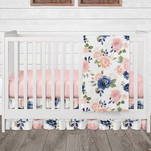 Baby Girl Crib Bedding Set, Floral Nursery, Navy and Blush Pink Flower Baby Bedding