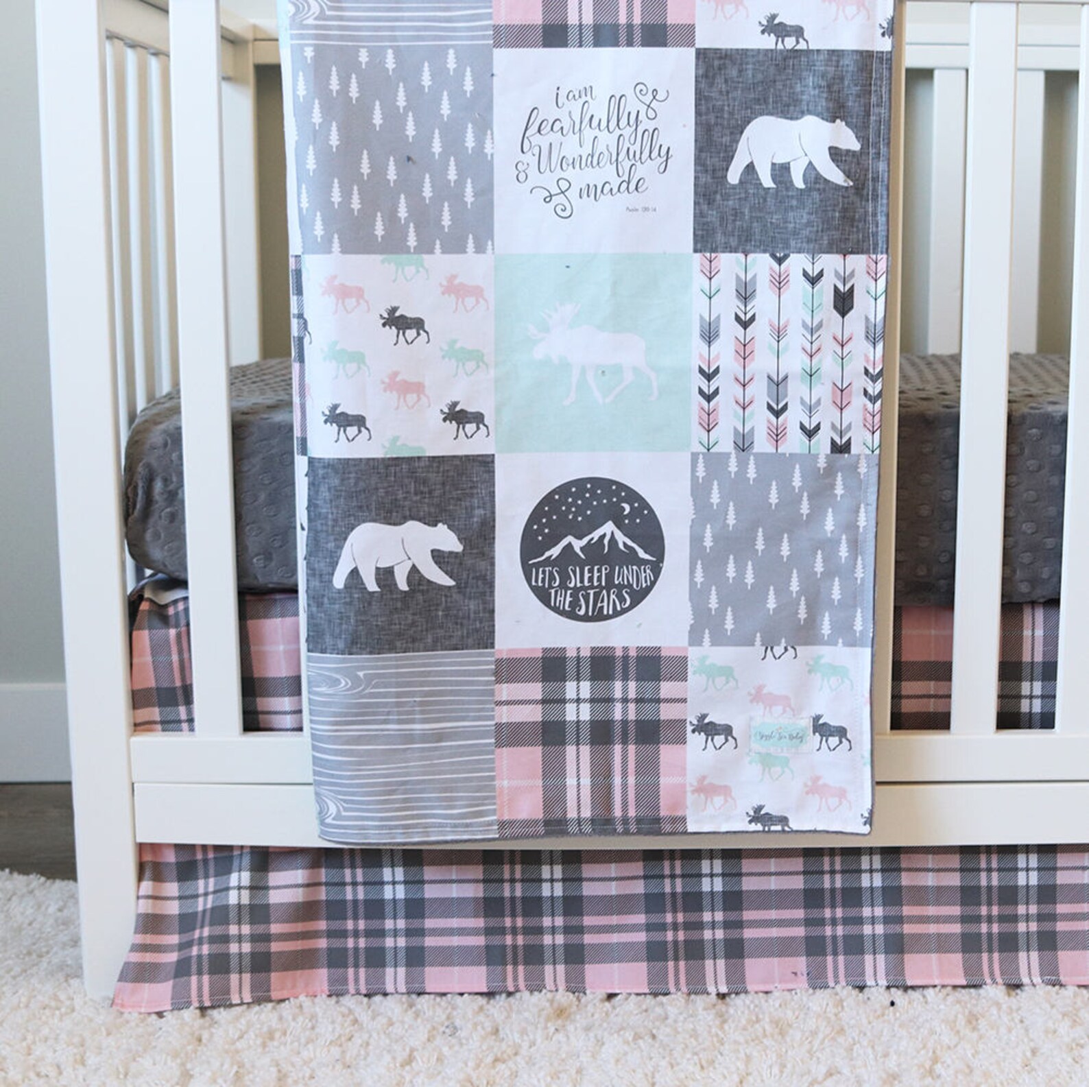 Girl Woodlands Crib Bedding Pink Plaid Crib Skirt Grey Minky Etsy