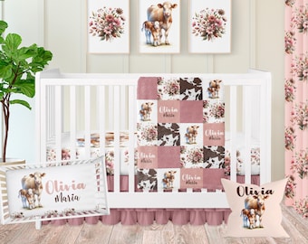Cow Nursery Decor and Crib Bedding Set: Baby Girl Pink Floral Farm Bedding, Baby Girl Shower Gift
