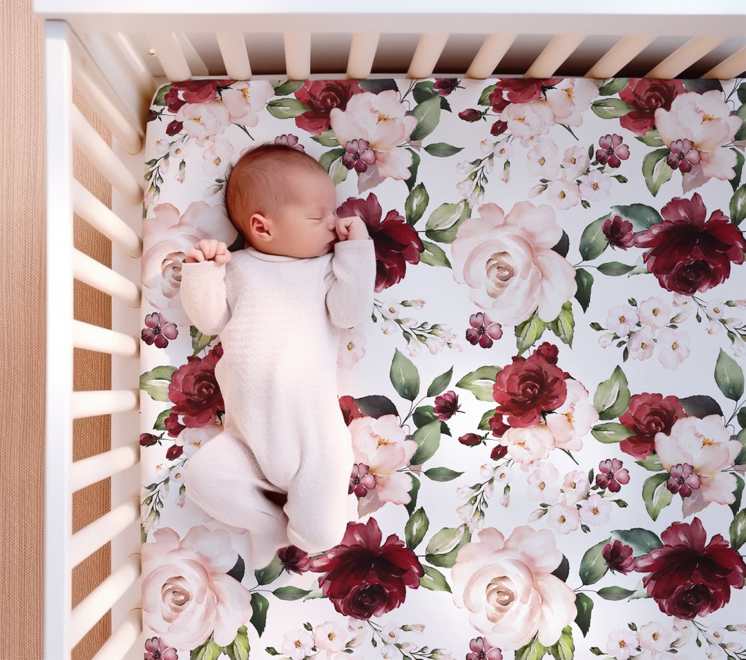 Floral Crib Sheets, Baby Girl Crib Sheet Personalized, Red and Pink ...