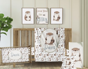 May include: A nursery set featuring an otter theme. The set includes framed art, a crib sheet, a blanket, and a pillow. The art prints and bedding feature a brown and white otter illustration with the text "Love You like NO OTTER" and the name "Davis".