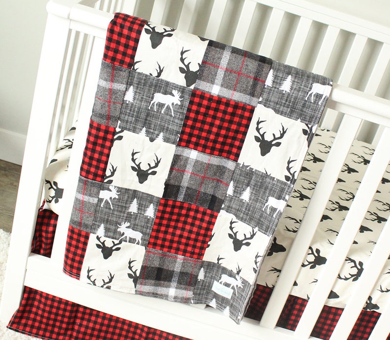 Baby Blankets Home Living Lumberjack Nursery Baby Blanket Woodland Patchwork Baby Boy Quilt Moose And Plaid Bedding Deer Flannel And Minky Blanket
