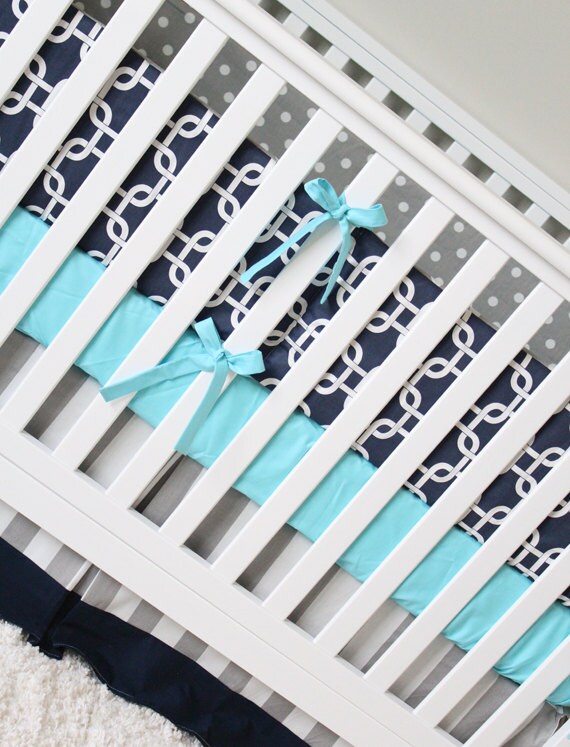 Boy Crib Bedding Set Navy Blue Bumper Pad Aqua Crib Sheet Etsy