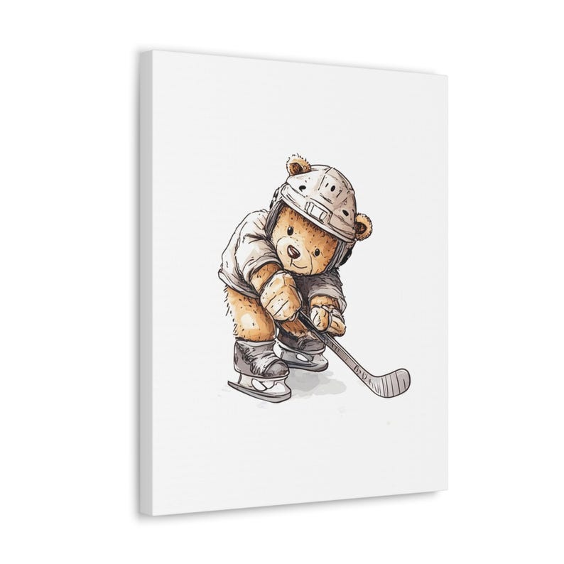 May include: A brown teddy bear wearing a white hockey uniform and a white helmet with a black face mask. The bear is holding a hockey stick and is skating on a white background.