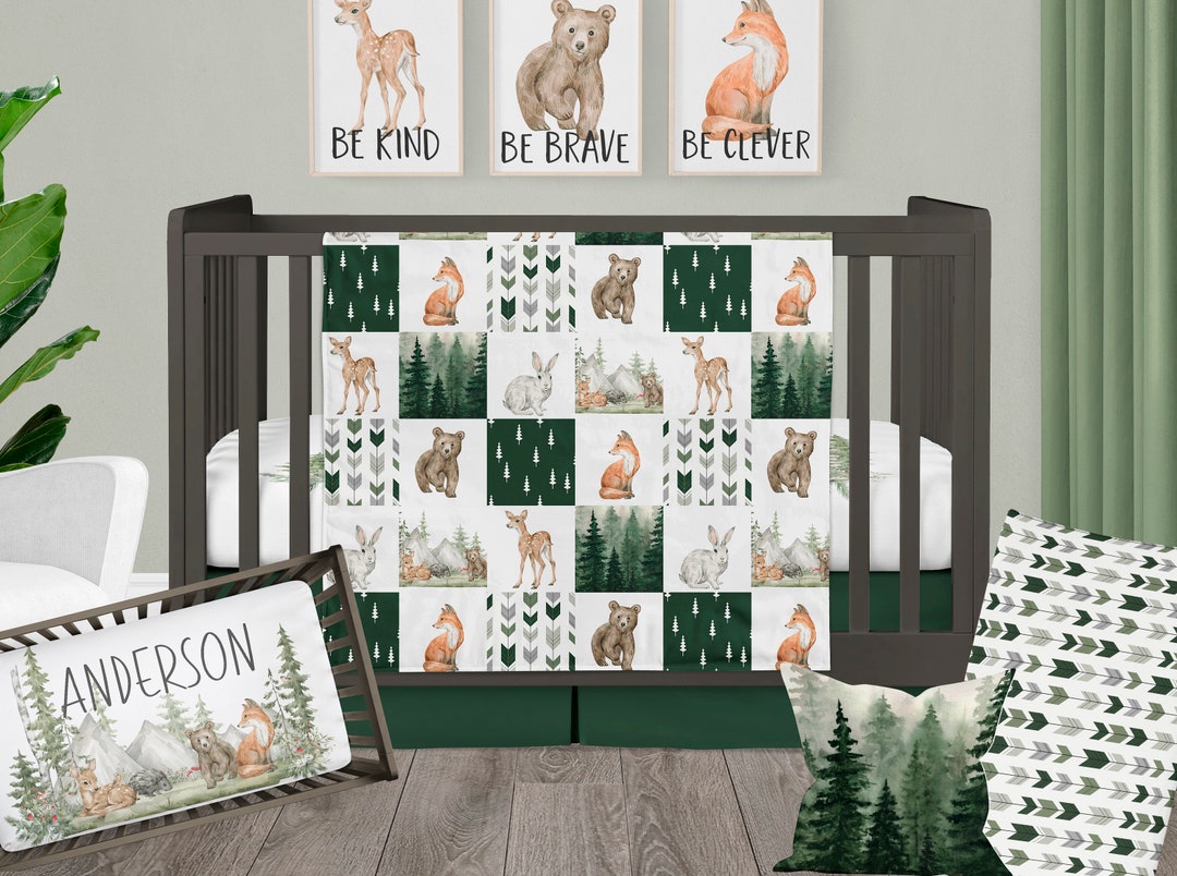 Woodland Nursery Bedding, Green Forest Crib Bedding Set, Baby Boy