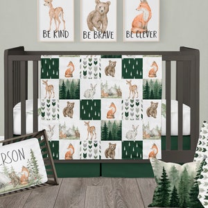 Woodland Nursery Bedding, Green Forest Crib Bedding Set, Baby Boy Nursery, Personalized Baby Bedding