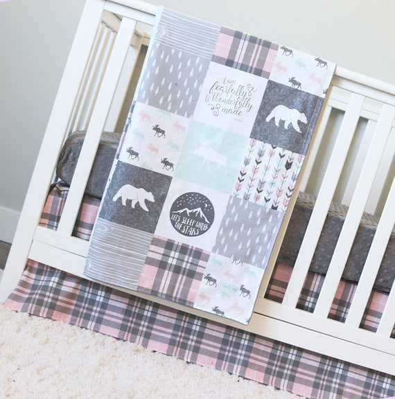Girl Woodlands Crib Bedding Pink Plaid Skirt Grey Minky