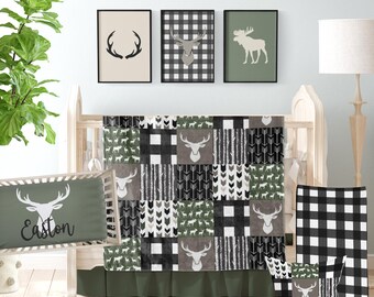 Woodland Deer Crib Bedding Set – Buffalo Check Nursery Decor, Personalized Gift
