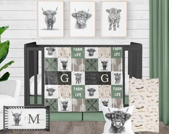 Highland Cow Crib Bedding: Sage Green Western Farm Nursery, Personalized Baby Gift