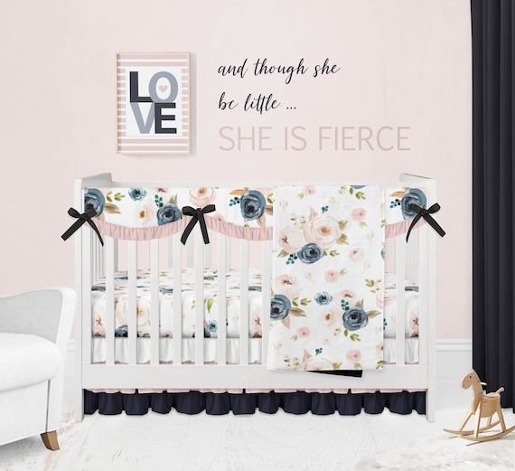 navy and pink floral crib bedding