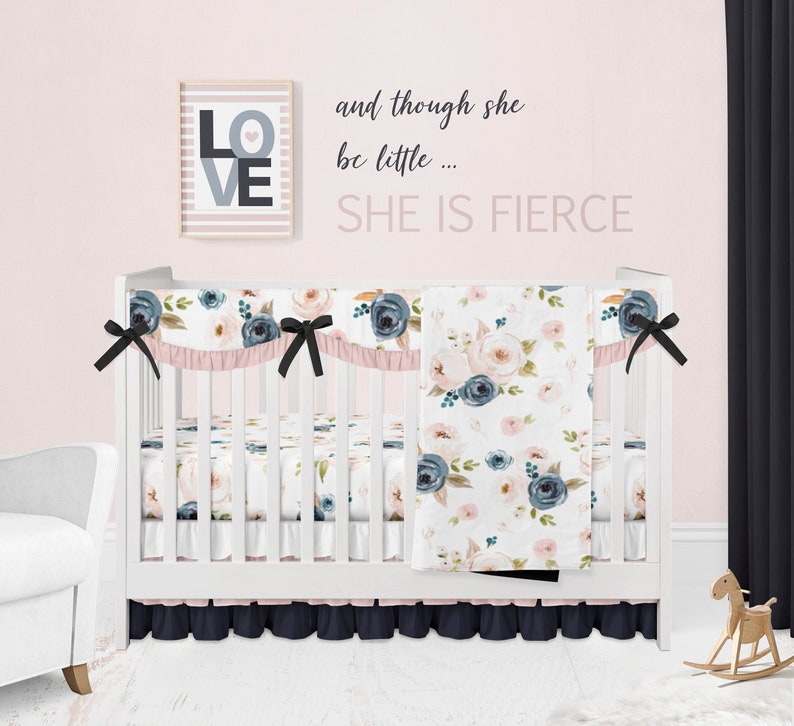 Floral Baby Girl Crib Bedding Set Navy Blue and Pink Flower Etsy