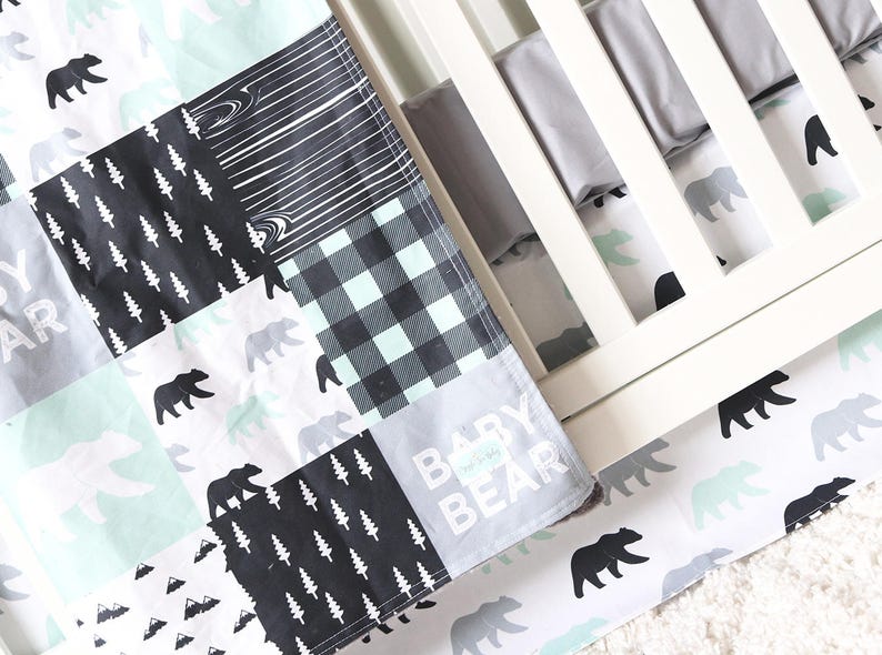 Baby Boy Crib Bedding Set Mint Black Grey Bear Woodlands Etsy