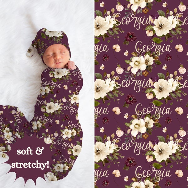 Personalized Baby Girl Swaddle Blanket with Name, Plum Purple Baby Bow and Knotted Hat in Floral Theme, Baby Girl Shower Gift