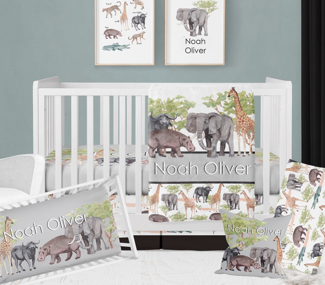 Safari Nursery Crib Bedding Set, Giraffe Baby Bedding, Elephant Personalized Baby Boy Safari