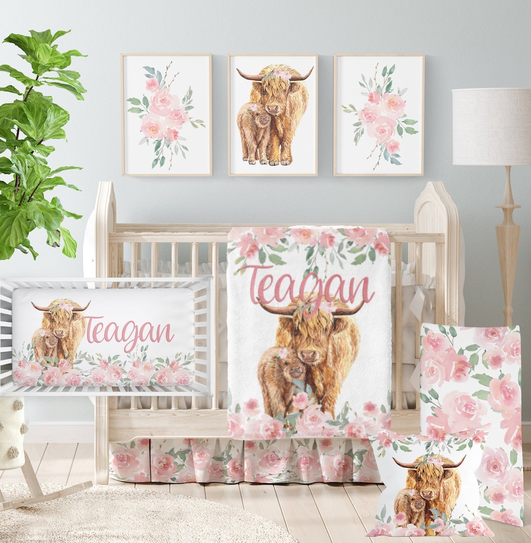 Cow Crib Bedding Set Girl, Baby Girl Western Nursery Bedding, Highland