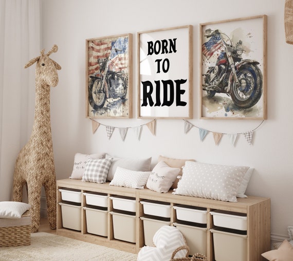 Motorcycle Nursery Art Prints: American Flag, Born to Ride Theme (Set of Three)