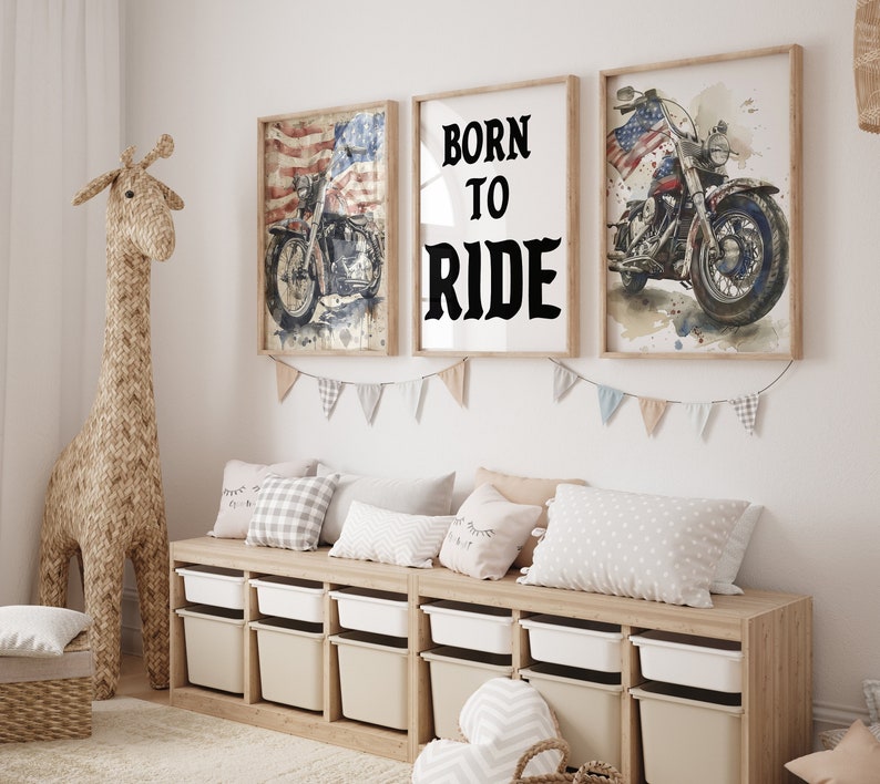 Motorcycle nursery wall art set featuring three pieces, including two American flag motorcycle prints and a "Born to Ride" sign. The wall art is available as both prints and canvas, perfect for creating an adventurous and personalized nursery decor.