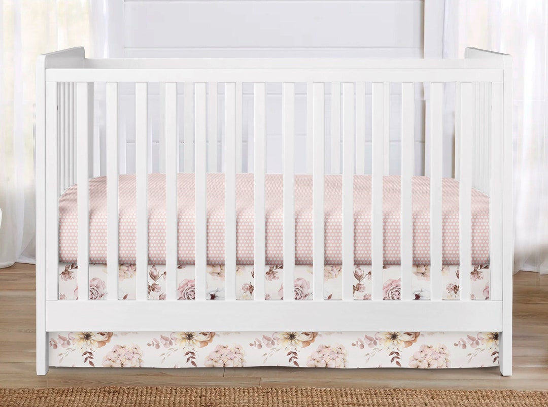 Floral Crib Skirt, Blush Pink and Tan Baby Girl Nursery Crib Skirt