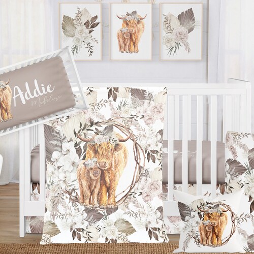 Baby Girl Floral Crib Bedding Set Highland Cow Nursery Etsy