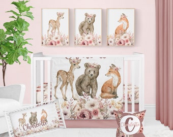 Woodland Baby Girl Crib Bedding Set, Deer Bear Fox Nursery Theme, Pink Boho Floral Personalized Bedding, Baby Girl Shower Gift