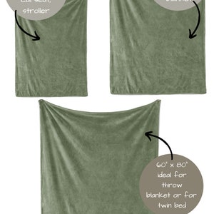 May include: Three green plush blankets of different sizes. The smallest blanket is 30 inches by 40 inches, the middle blanket is 50 inches by 60 inches, and the largest blanket is 60 inches by 80 inches. The text "Giggle Six Baby" is at the bottom of the image.
