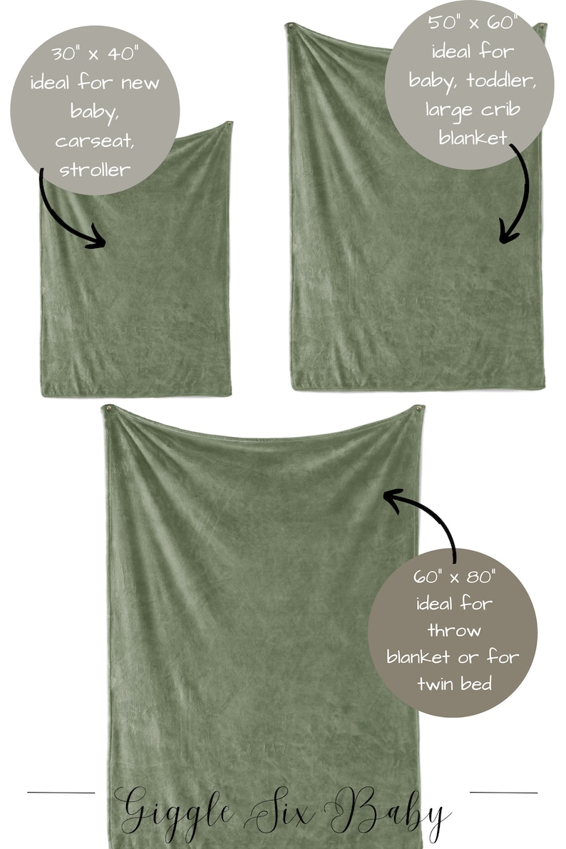 May include: Three green plush blankets of different sizes. The smallest blanket is 30 inches by 40 inches, the middle blanket is 50 inches by 60 inches, and the largest blanket is 60 inches by 80 inches. The text "Giggle Six Baby" is at the bottom of the image.