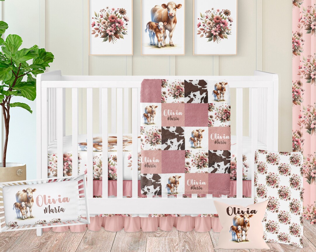 Cow Print Crib Bedding, Baby Girl Crib Bedding Set, Cow Nursery Pink