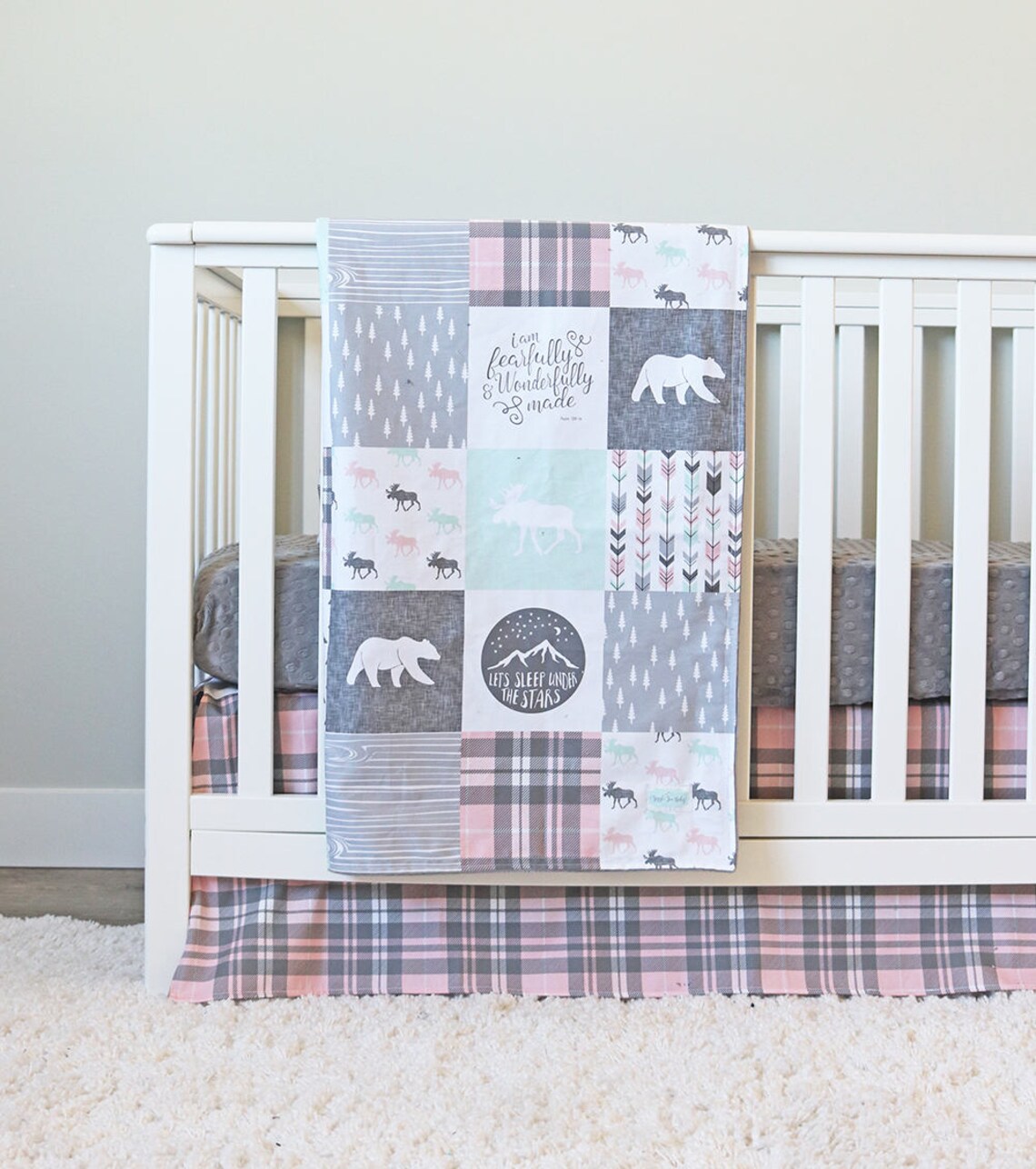 Girl Woodlands Crib Bedding Pink Plaid Crib Skirt Grey Minky Etsy