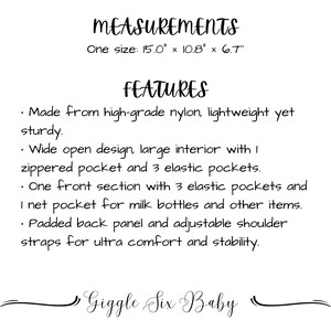 May include: A black nylon diaper bag with multiple pockets and adjustable shoulder straps. The bag measures 15 inches by 10.8 inches by 6.7 inches. The text "Giggle Six Baby" is printed on the bottom of the image.