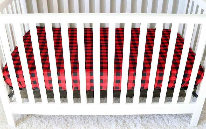 Buffalo Plaid Crib Sheet in Red and Black Lumberjack Bedding Woodland Baby Nursery
