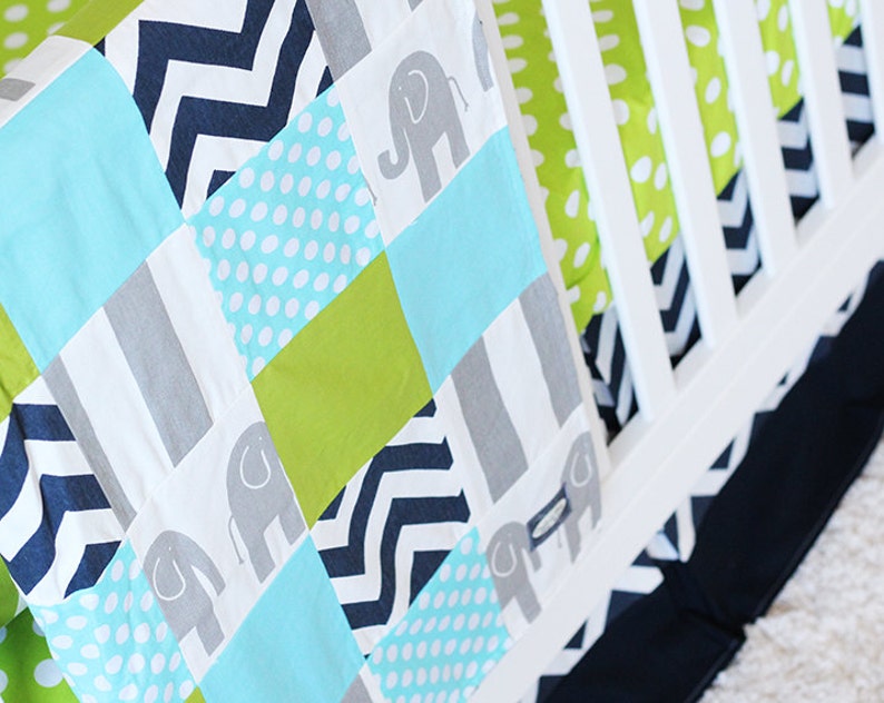 Boy Crib Bedding Set Lime Green Aqua Blue Elephant Nursery Navy Chevron Skirt Polka Dot Sheet Baby Blanket