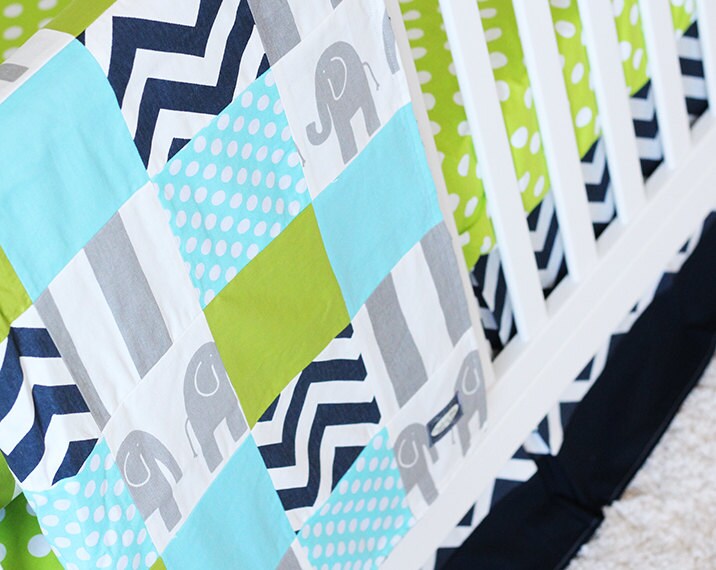Boy Crib Bedding Set Lime Green Aqua Blue Elephant Nursery Etsy