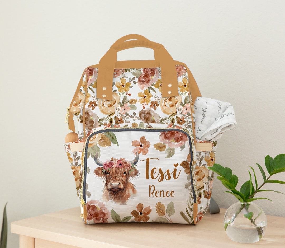 Girl Diaper Bag, Highland Cow Baby Girl Personalized Backpack Diaper Bag, Rustic Floral Diaper