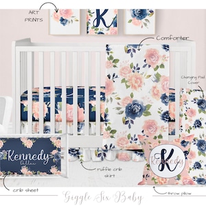 Crib Bedding Set Girl, Floral Nursery Bedding, Pink and Navy Blue Baby Girl Crib Bedding Set, Personalized Baby Decor image 3
