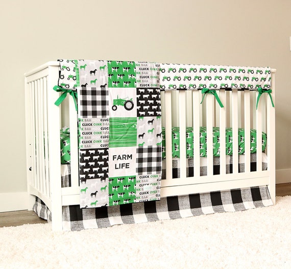 Farm Crib Bedding Green Baby Boy Crib Set Black Plaid Skirt Etsy