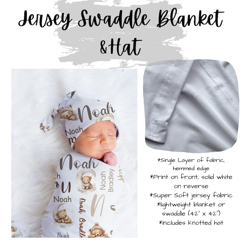 May include: A white jersey swaddle blanket and hat set. The blanket and hat feature a repeating pattern of teddy bears, moons, and the name "Noah". The blanket measures 107 x 107 cm and includes a knotted hat.