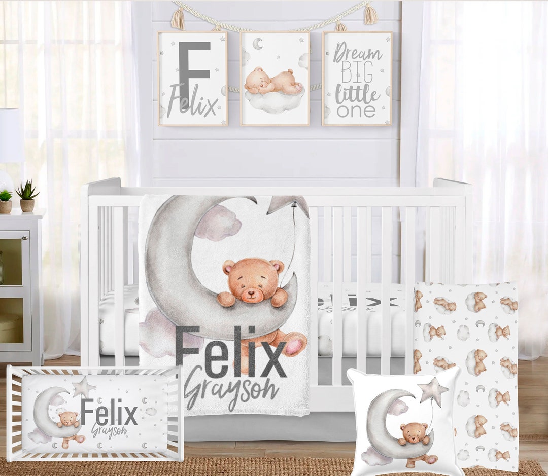 Teddy Bear Crib Bedding Set, Boy Crib Bedding, Neutral Baby Bedding, Teddy Bear Nursery, Moon