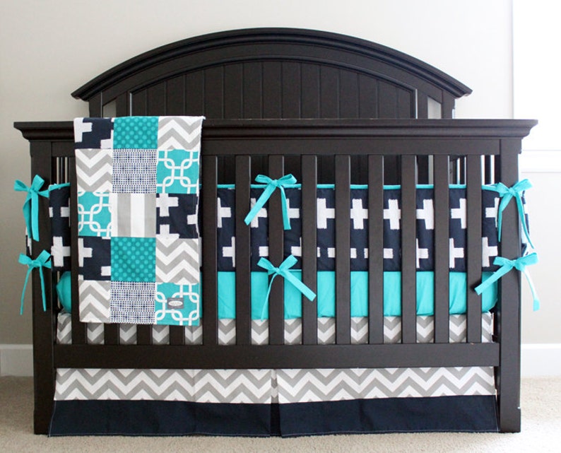 Baby Boy Crib Bedding Set Navy Blue and Teal Nursery Chevron Etsy