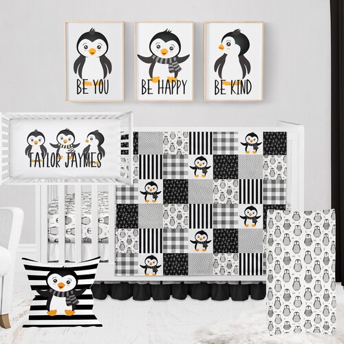 Crib Bedding Set Penguin Nursery Baby Decor Black White Etsy
