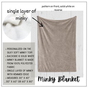 May include: A single layer minky blanket with a pattern on the front and solid white on the back. The blanket is made from 100% polyester and has a hemmed edge. It is available in three sizes: 30" x 40", 50" x 60", and 60" x 80".