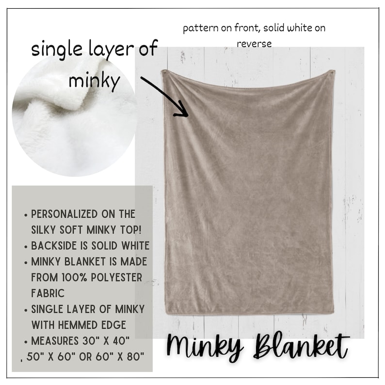 May include: A single layer minky blanket with a pattern on the front and solid white on the back. The blanket is made from 100% polyester and has a hemmed edge. It is available in three sizes: 30" x 40", 50" x 60", and 60" x 80".