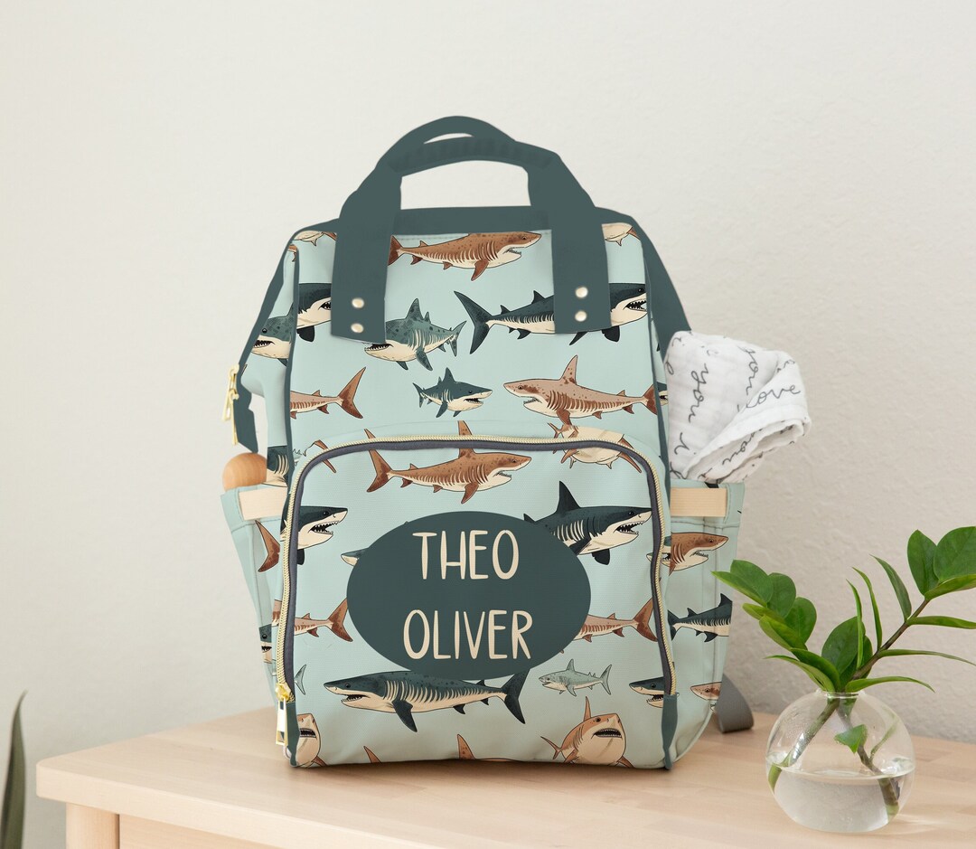 Personalized Shark Diaper Bag Backpack: Baby Boy Shower Gift