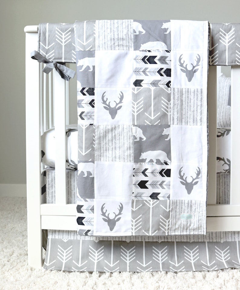 Baby Crib Bedding Set Gray Woodlands Nursery All Gray Baby Etsy