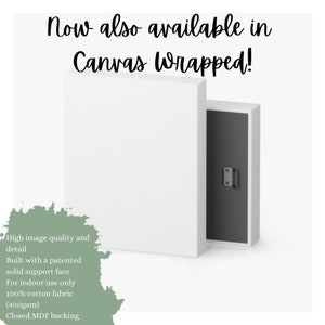 Puede incluir: Dos impresiones en lienzo estirado blancas, una es parcialmente visible detr&aacute;s de la otra. El texto "Now also available in Canvas Wrapped!" est&aacute; en la parte superior de la imagen. El texto "High image quality and detail, Built with a patented solid support face, For indoor use only, 100% cotton fabric (400gsm), Closed MDF backing" est&aacute; en la parte inferior de la imagen.