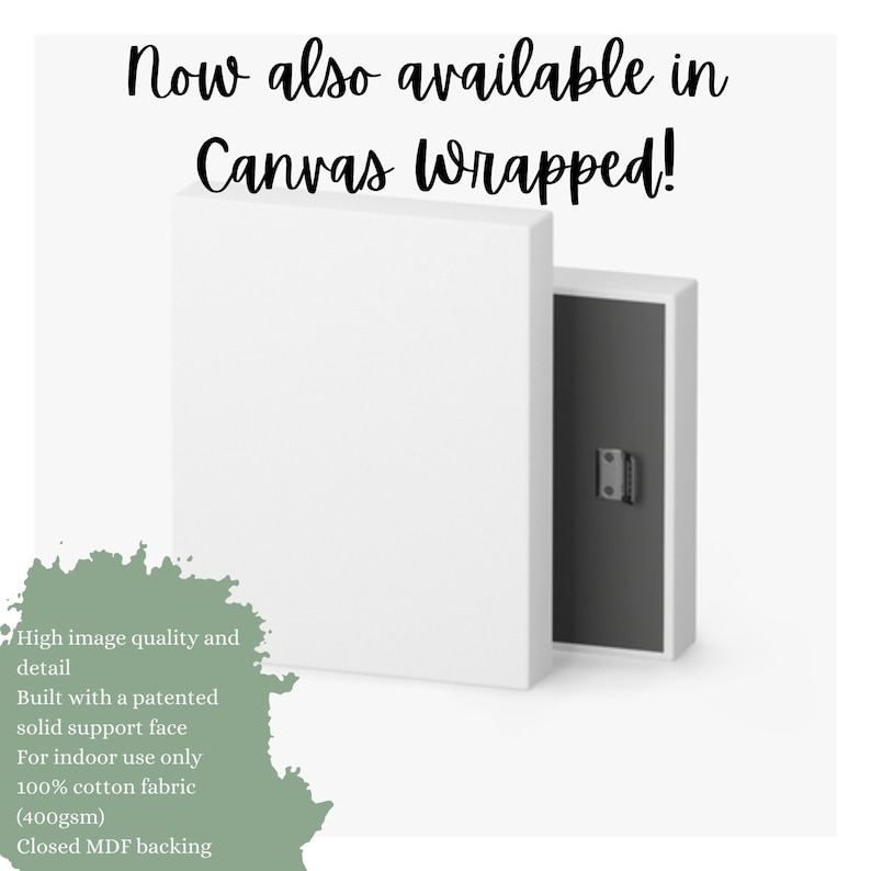 Puede incluir: Dos impresiones en lienzo estirado blancas, una es parcialmente visible detr&aacute;s de la otra. El texto "Now also available in Canvas Wrapped!" est&aacute; en la parte superior de la imagen. El texto "High image quality and detail, Built with a patented solid support face, For indoor use only, 100% cotton fabric (400gsm), Closed MDF backing" est&aacute; en la parte inferior de la imagen.