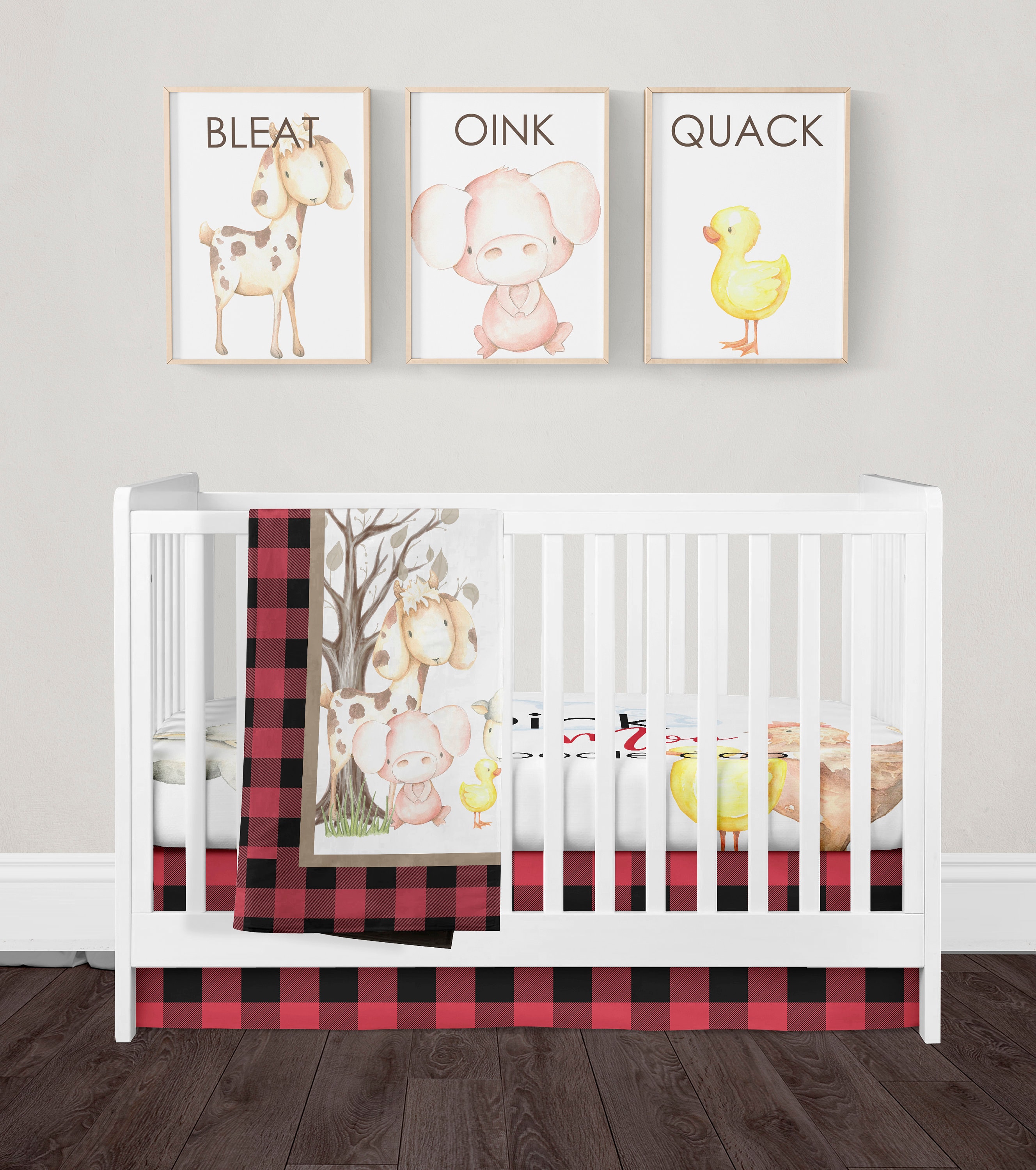 Baby Crib Bedding Set Farm Animal Nursery Blanket Red Plaid Etsy