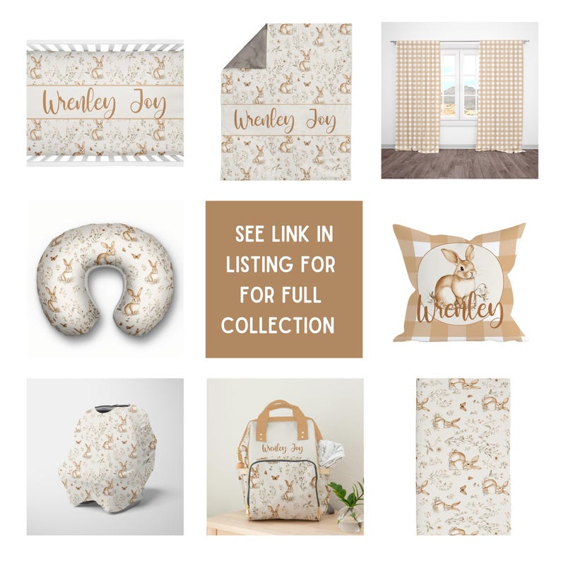 May include: A nursery decor collection featuring a beige and brown bunny rabbit pattern. The collection includes a crib sheet, blanket, nursing pillow, diaper bag, car seat cover, and throw pillow. The items are personalized with the name "Wrenley Joy".
