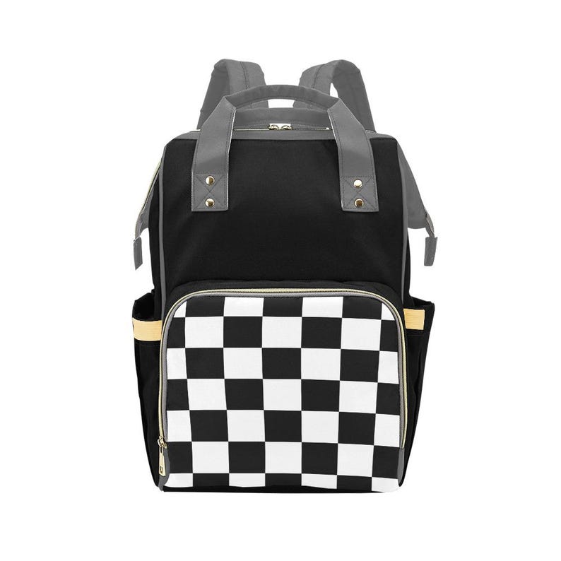 Bolsa de pañales para niño, mochila personalizada para bebé, bolsa de pañales a cuadros blancos y negros con nombre del bebé, regalo personalizado para bebé imagen 5